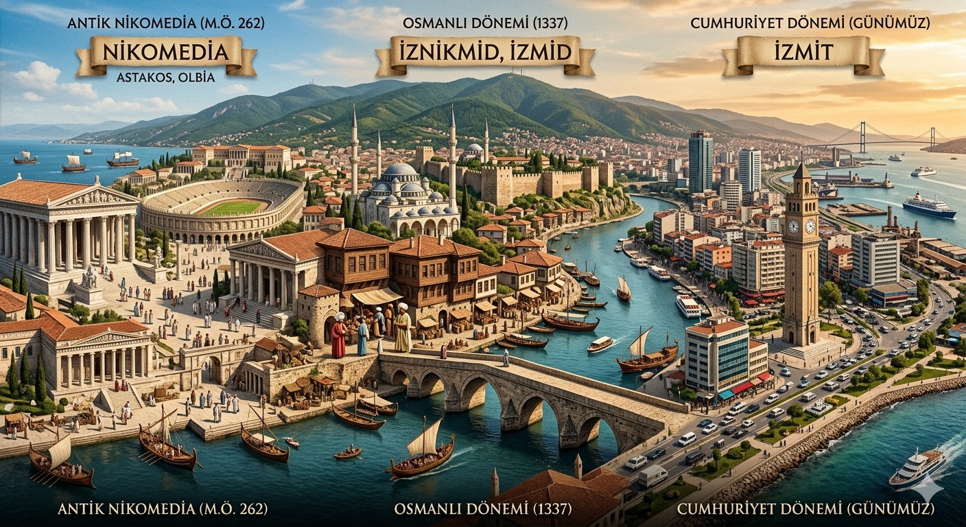 İzmit'in Antik Nikomedia döneminden Osmanlı ve Cumhuriyet dönemine kadar olan tarihsel değişimini gösteren illüstrasyon.